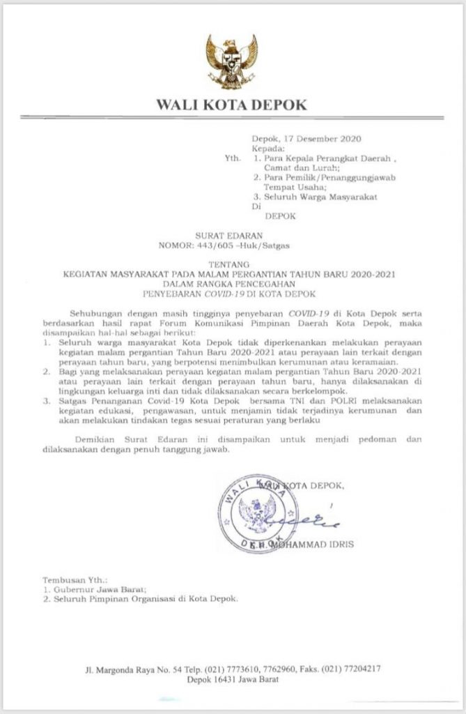 Warga Depok Dilarang Rayakan Pergantian Akhir Tahun, Demi Cegah Covid-19 Warga Depok Dilarang Rayakan Pergantian Akhir Tahun, Demi Cegah Covid-19