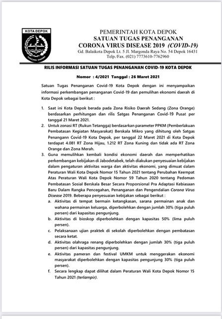 Guna Pulihkan Ekonomi, Pemkot Depok Lakukan Penyesuaian Kebijakan Pengaturan Aktivitas Warga dan Ekonomi