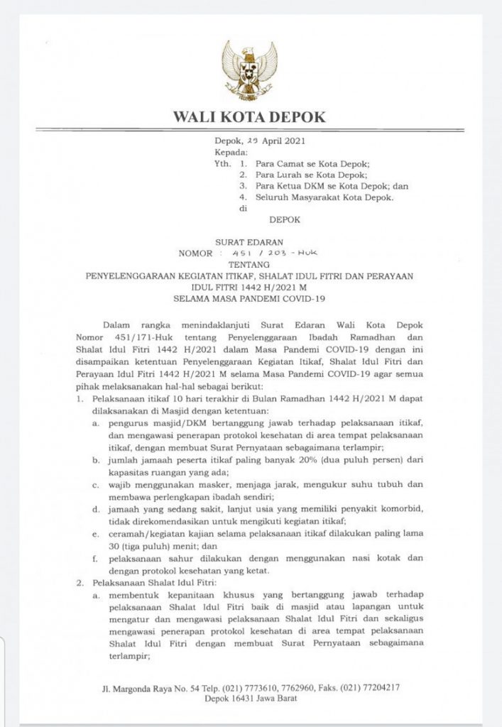 Pemkot Depok Resmi Menerbitkan SE Penyelenggaraan Kegiatan Itikaf