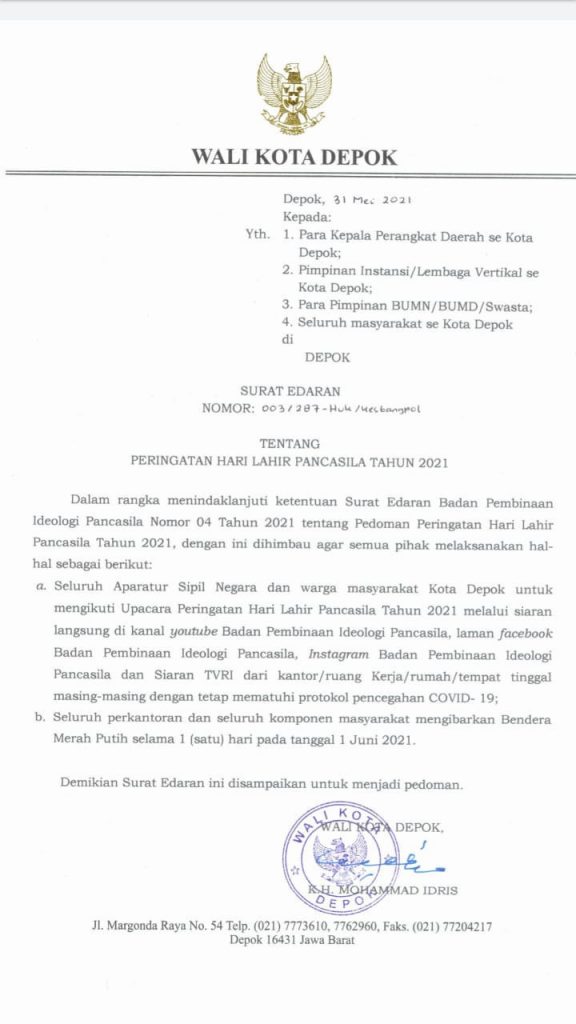 Wali Kota Depok Keluarkan SE Hari Lahir Pancasila Tahun 2021, Warga Diminta Kibarkan Bendera Merah Putih