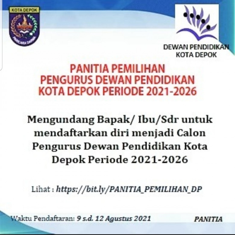 Pendaftaran Pengurus Dewan Pendidikan Kota Depok Periode 2021-2026 Dibuka Pendaftaran Pengurus Dewan Pendidikan Kota Depok Periode 2021-2026 Dibuka