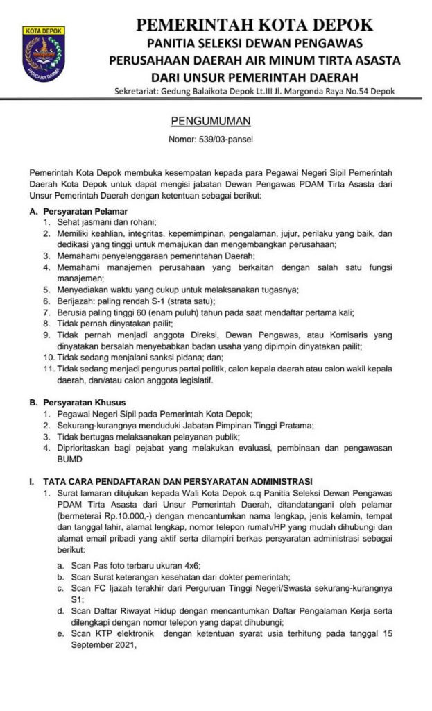 Pemkot Depok Buka Pendaftaran Jabatan Dewan Pengawas PDAM Tirta Asasta dari Unsur Pemerintah Daerah