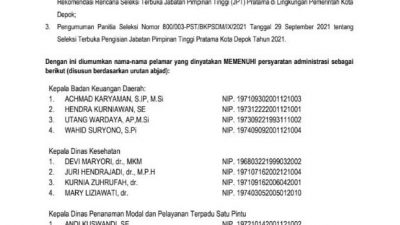 Pemkot Depok Umumkan Hasil Seleksi Administrasi Pengisian Jabatan Pimpinan Tinggi Pratama Tahun 2021 Pemkot Depok Umumkan Hasil Seleksi Administrasi Pengisian Jabatan Pimpinan Tinggi Pratama Tahun 2021