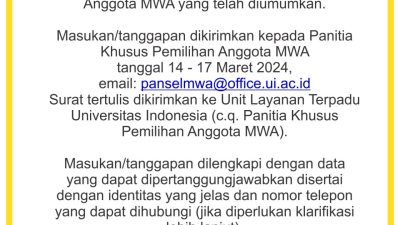 UI UMUMKAN 34 CALON MAJELIS WALI A MANAT UI UNSUR MASYARAKAT YANG LOLOS SELEKSI TAHAP ADMINISTRASI
