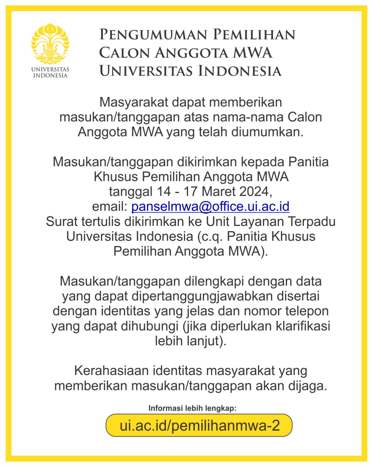 UI UMUMKAN 34 CALON MAJELIS WALI A MANAT UI UNSUR MASYARAKAT YANG LOLOS SELEKSI TAHAP ADMINISTRASI