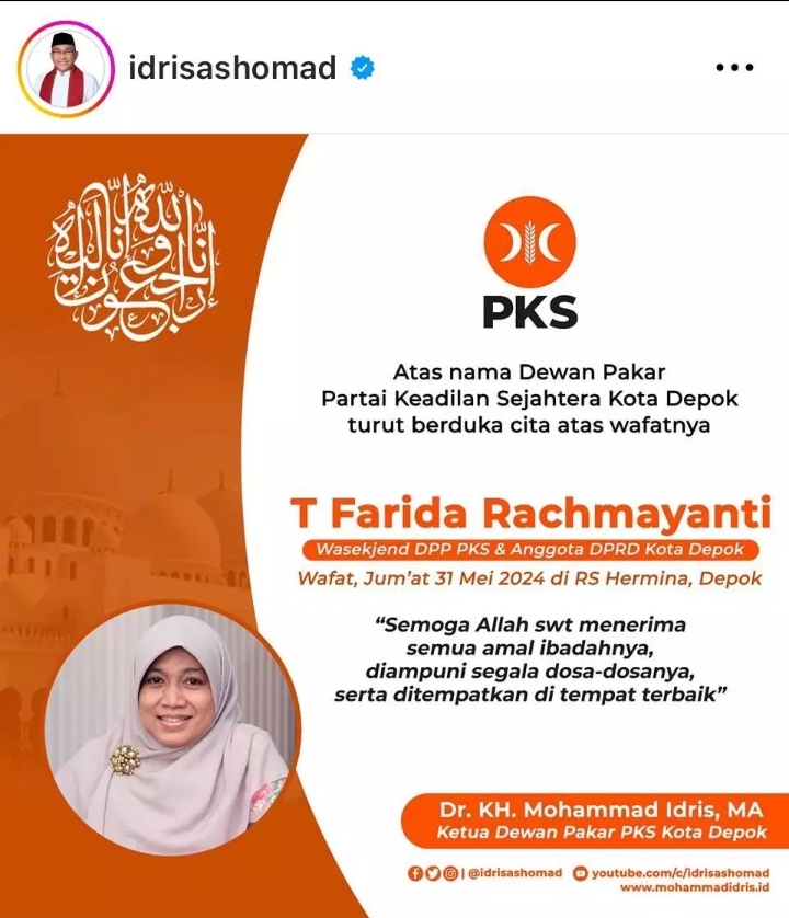 Kiai Idris Berduka Atas Wafatnya Anggota DPRD Depok dari Fraksi PKS
