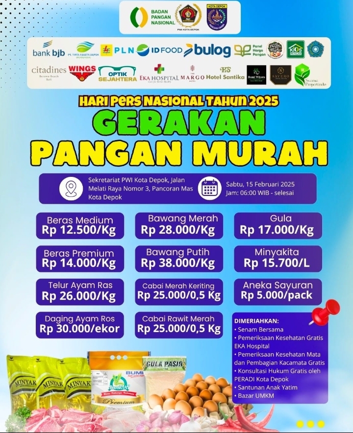 HUT PWI ke 79 dan HPN 2025, PWI Depok dan Bapanas akan Gelar Pasar Pangan Murah dan Pemeriksaan Kesehatan Gratis