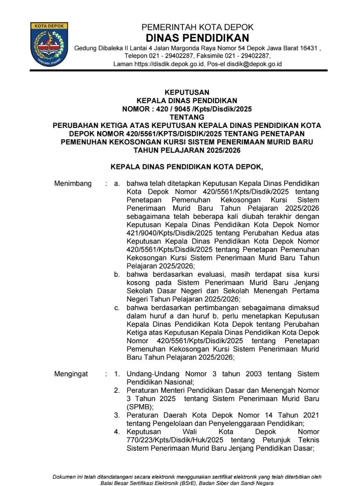 Masih Ada Kuota SD dan SMP Negeri, Disdik Depok Buka Lagi Pendaftaran 1–2 Juli