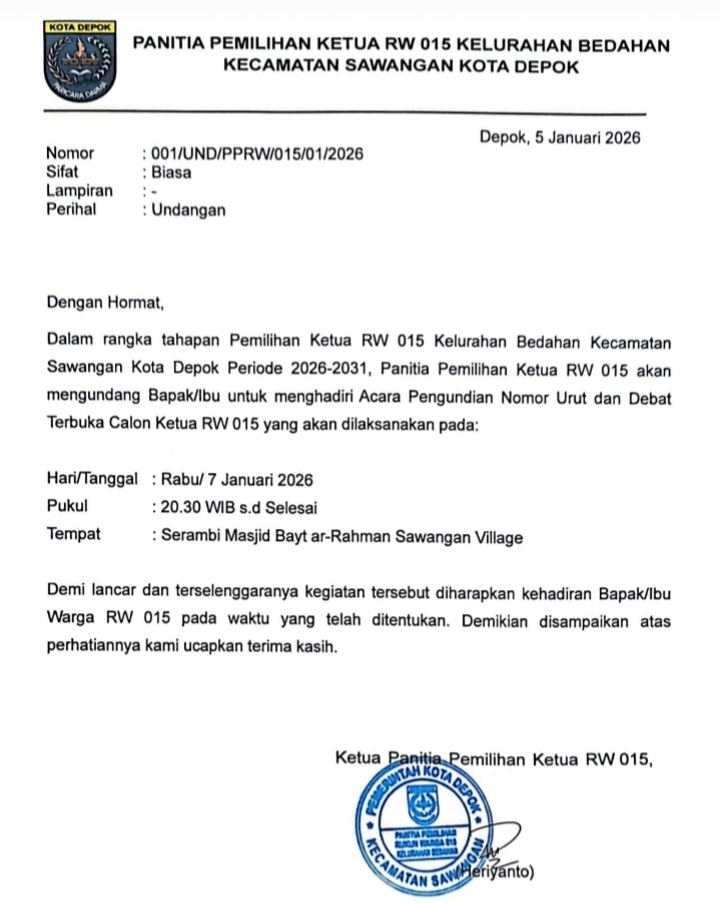 Panitia Pelaksana Pemilihan Ketua RW 015 Kelurahan Bedahan Kecamatan Sawangan Gelar Pengundian Nomor Urut Calon Ketua  dan Debat Terbuka, Undang Warga Untuk Hadir Berpartisipasi