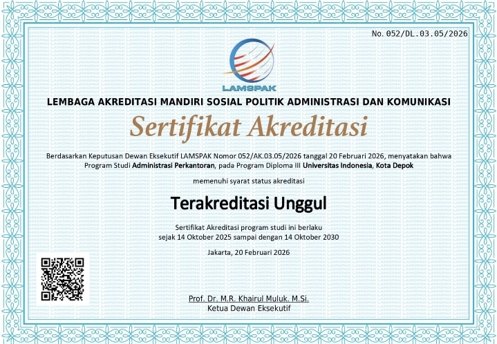 PERKUAT KOMITMEN MUTU PENDIDIKAN: PRODI ADMINISTRASI PERKANTORAN VOKASI UI RAIH AKREDITASI UNGGUL