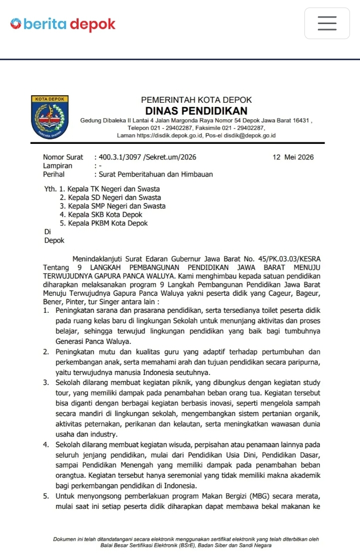 Pemkot Depok Imbau Sekolah Hentikan Kegiatan yang Bebani Orang Tua