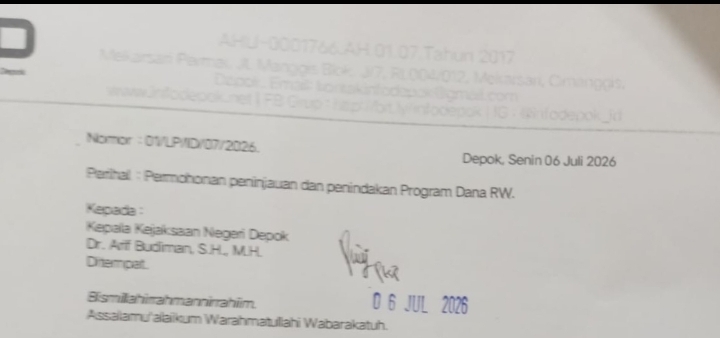 Dinilai Sarat Dengan Konflik dan Kepentingan Serta Dugaan Adanya Tndak Pidana Korupsi, Adi Suman Resmi Laporkan Program Dana RW Ke Kejari Depok