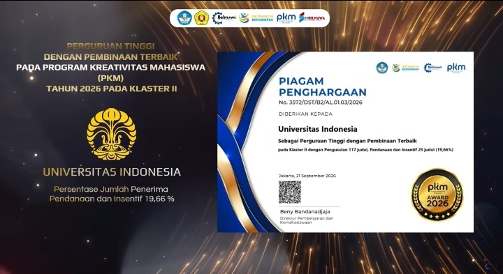UI RAIH PENGHARGAAN TERPRODUKTIF SKEMA PENDANAAN DAN PEMBINAAN TERBAIK KLASTER II PADA PKM AWARD 2026